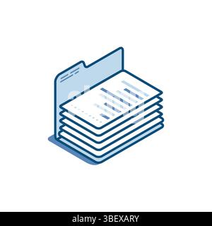 Isometrischer Vektor lineares Symbol Öffnen Sie Ordner und Stapel von Dokumenten, in Farbe auf weißem Hintergrund, arbeiten Sie mit Papieren und Dokumentation Stock Vektor