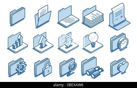 Isometrischer Vektor großer Satz von Ordnern lineare Symbole mit Dokument, in Farbe auf weißem Hintergrund, Designelement oder Papier mit Daten Stock Vektor