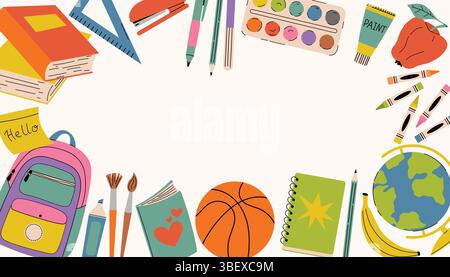 Rechteckiges Back-to-School-Banner im Cartoon-Stil mit Schulutensilien, Büchern, Bleistiften, Rucksack, Farben, Rahmen des weißen Hintergrunds. Kein Text, Stock Vektor