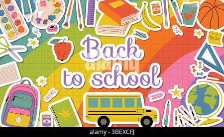 Farbenfrohes Back-to-School-Poster mit Regenbogenverlauf und bunten Materialien wie Bücher, Farben und Marker, Rucksack, Schulbus und Basketb Stock Vektor