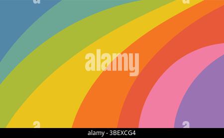 Farbenfroher gestreifter Regenbogenhintergrund im flachen Cartoon-Stil mit glatten diagonalen Bändern in hellen fröhlichen Tönen. Ein fröhliches und lebendiges Design, perfekt für Stock Vektor
