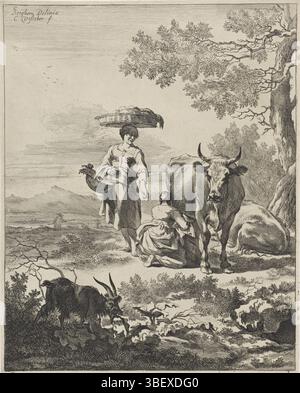 Berchem, Nicolaes Pietersz., Amsterdam, Visscher, Cornelis (II), Haarlem, abfallende Landschaften, melkende Frau, verso-gestempelt, Ein Bauer melkt eine Kuh; neben einer stehenden Frau mit Wäschekorb auf dem Kopf. Für eine Ziege. Drucken, Gesicht auf einer hügeligen Landschaft, wo eine Frau eine Kuh in einer Baumgruppe melkt. Neben ihr ist eine Frau mit einem Korb auf dem Kopf. Im Vordergrund knabbert eine Ziege an einem Blatt., Höhe 269 mm, Breite 213 mm, Nordholländisch, 1629 - 1658-01-16, Drucker, 1657 - 1658, Papier, Ätzen, Gravieren, Gravur (Druckverfahren), Noord-Nederlands, 1620 - 1683-0218, Zwischenschlepper Stockfoto