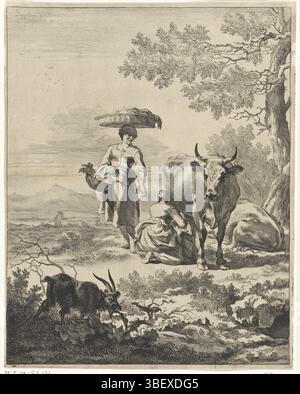 Berchem, Nicolaes Pietersz., Amsterdam, Visscher, Cornelis (II), Haarlem, abfallende Landschaften, melkende Frau, verso gestempelt, Ein Bauer melkt eine Kuh. Neben ihr steht ein Bauer mit einem Wäschekorb auf dem Kopf. Linsk für eine Ziege., drucken, Gesicht auf einer hügeligen Landschaft, wo eine Frau eine Kuh in einer Baumgruppe melkt. Neben ihr ist eine Frau mit einem Korb auf dem Kopf. Im Vordergrund knabbert eine Ziege an einem Blatt., Höhe 269 mm, Breite 213 mm, Nordholländisch, 1629 - 1658-01-16, Drucker, 1657 - 1658, Papier, Ätzen, Gravieren, Gravur (Druckverfahren), Noord-Nederlands, 1620 - 1683-0218, Zwischendraggtsma Stockfoto