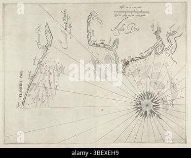 Nordholland, Seamap der englischen Küste bei Dunes, 1639, Nordholland, Ort der Schlacht von Dunes zwischen der spanischen Armada, unter dem Kommando von Antonio de Oquendo und der staatlichen Flotte unter Maarten Harpertsz. Tromp, 21. Oktober 1639. Links die flämische und nordfranzösische Küste zwischen Ostende und Calais, oberhalb und rechts die englische Küste zwischen Hythe und Gravesend. Mit dem Sandfeuer vor der Küste, aber vor der spanischen und staatlichen Flotte. Drucken, Karte, Abzüge, Frederik Müller Geschichtsplatten, Höhe 398 mm, Breite 520 mm, Druckmacher, 1639 - 1639, zweites Quartal Stockfoto