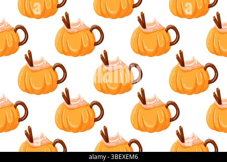 Tasse heißer Kakao oder Kaffee mit Schlagsahne und Zimt im Cartoon-Stil. Nahtloses Muster von Getränken für Bäckerei, Café, Küchentapete und Stock Vektor