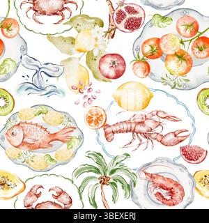 Mediterranes nahtloses Aquarellmuster mit Zitrusfrüchten und Meeresfrüchten Stockfoto