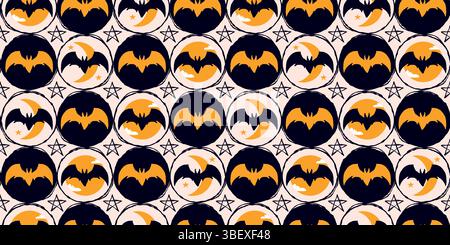 Halloween-Muster mit orange und schwarzen Fledermaus-Silhouetten im Kreisraster auf weißem Hintergrund. Einfache und gruselige Mondscheinfledermäuse mit Sternen, perfekt für Stock Vektor