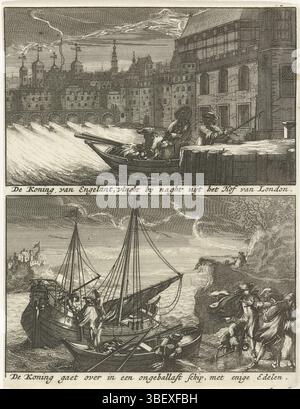 Noordelijke Nederlanden, Stopendael, Bastiaen, Noordelijke Nederlanden, de Koning van Engelant, Snelht by Night uyt het Hof van London, de Koning Gaet in einem unballlasten Schiff, Met enkele Edelen, Vlucht van Koning Jacobus II, 1688-1689, Nordholland, Blade Met Biede Performances. Über dem Flug von König Jakob II. Bei Nacht aus London, 20. Dezember 1688. Under goes the Queen an Bord eines französischen Schiffes nach Calais, 2. Januar 1689., Druck, Frederik Müller Geschichtsplatten, Höhe 175 mm, Breite 135 mm, Druckerei, 1689 - 1689, viertes Viertel 17. Jahrhundert, Papier, Ätzen, 1636 - 1693.09.07, Druckerei Stockfoto