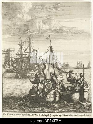 Nordniederländische, Stopendael, Bastiaen, Nordniederländische, de Koning van Engelant, Jacobus d'II, beeilt sich nachts uijt Rochester, nach Vranckrijck, Flug von König Jacobus II. Nach Frankreich, 1688, Flug des englischen Königs Jacobus II. Von Rochester nach Frankreich, 2. Januar 1689. Der König segelt mit einer Schaluppe zu dem Schiff, das ihn nach Frankreich bringen wird., Druck, Frederik Müller Geschichtsplatten, Höhe 173 mm, Breite 134 mm, Druckerei, 1689 - 1689, viertes Viertel 17. Jahrhundert, Papier, Ätzen, 1636 - 1693.09.07, Druckerei Stockfoto