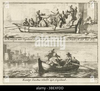 Nordholland, Luyken, Jan, die Königin von England, flüchtet mit dem Prinzen von Walles, nach Vrankryk, im Jahre 1689 flüchtet König Jacobus mit England, Flug von König und Königin nach Frankreich, 1688, Nordholland, Blatt mit zwei Aufführungen. Über dem Flug der Königin Maria von Modena nach Frankreich am 19. Dezember 1688. Auf der Flucht von König Jakob II. Nach Frankreich am 20. Dezember 1688. Markiert oben rechts: Fol. 800., Druck, Frederik Müller Geschichtsplatten, Höhe 117 mm, Breite 139 mm, Nordholländisch, 16.04.1649 - 1712-04-05, Druckerei, 1688 - 1689, 4. Quartal 17. Jahrhundert, Papier, Ätzen, Ätzen Stockfoto
