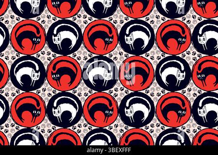 Gruseliges, nahtloses Halloween-Muster mit gruseligen Katzen und Paw Cat Silhouetten in Rot und Schwarz. Auffällige und verspielte Haustiere in Retro-Farben, ideal für Print und Web Stock Vektor