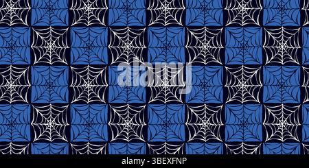 Nahtloses Halloween-Muster mit geometrischen Spinnweben in Blau und Schwarz. Modernes und minimalistisches Spinnennetz-Design, ideal für Print, Web, Mode und Karten Stock Vektor