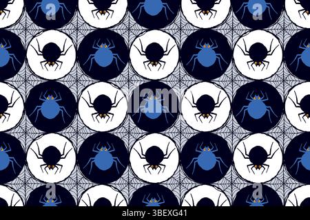 Halloween-Muster mit blauen und schwarzen Zeichentrickspinnen und Spinnennetz im kreisförmigen Raster isoliert auf weißem Hintergrund. Skurrile und gruselige Spinnenelemente Stock Vektor