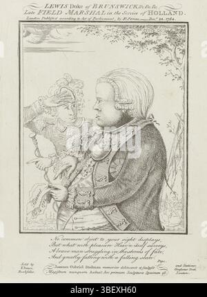 London, Jones, F., Papst, Alexander, Stedman, John Gabriel, London, Lewis Duke of Brunswick, späterer Feldmarschall in den Diensten der Niederlande, Spotprent bei der Abreise des Herzogs von Brunswijk aus den Niederlanden, 1784, verso - gestempelt, 14. Oktober 1784. Der Herzog wird mit einem militärischen Gruß begrüßt, der in seinen Händen eine Selbstmordnote vom 14. Oktober 1784 hält. In der Unterschrift eine vierzeilige Strophe in englischer Sprache, Druck, Frederik Müller Historyplaten, Höhe 217 mm, Breite 165 mm, Niederländisch, 1744 - 1797-03-05, Druckerei, 24.12.1784-1784-12-24, Papier, Ätzung, Arbeitskonzept, nach seinem eigenen Entwurf, Englisch, 1688-05 Stockfoto