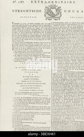 Utrecht, Sonderbeauftragter Utrechtse Courant. Donnerstag, 17. Mai. Ao. 1787. Nr. 7, Extraordinaire Utrechtse Courant vom 17. Mai 1787, Utrecht, verso - gestempelt, Episode Nr. 7 des Extraordinaire Utrechtse Courant vom 17. Mai 1787 mit einem Bericht über die Beerdigung von Cornelis Govert Visscher (schlief am 9. Mai in Vreeswijk) in Utrecht am 15. Mai 1787. Blatt bedruckt mit schwarzen Trauerrändern, Text in zwei Spalten, oben das Stadtwappen von Utrecht., Zeitung, Drucke, Frederik Müller Geschichtsplatten, Höhe 418 mm, Breite 269 mm, Publikation (Ereignis), Publikation, Herausgeber, 17. Mai 1787 - 1787- Stockfoto