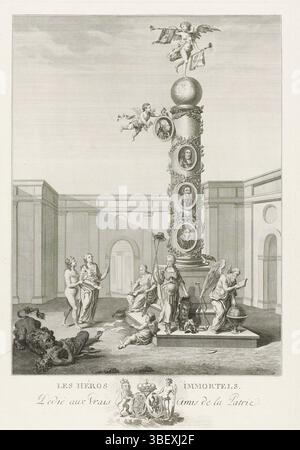 Rotterdam, Sallieth, Mathias de, Noordelijke Nederlanden, Les Héros Immortels, Unsterbliche Helden, 1787, Rotterdam, Nord-Niederlande, verso - gestempelt, Allegorie op het reparatie van Stadholder Willem V. 1787. Erezuil mit den Porträts von Willem van Oranje, Frederik Hendrik und Willem III., über denen das Porträt von Willem V. hängt. Auf der Säule bläst Faam die Trompete. An der Basis der Säule zieht die Wahrheit die Augen der Republik, der weiteren Freiheit, Wilhelmina von Preußen als Minerva und der Vaterzeit. Links zerreißt der niederländische Löwe die Tijdschrift. I Stockfoto