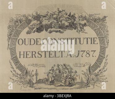 Zürcher, Antoni, Nordholland, Visser, Jan Gerritsz., Wiederherstellung Der Alten Verfassung. Ao. 1787, Allegorie über die Restaurierung des Statthalters, 1787 (auf Satin), verso-gestempelt, Allegorie über die Restaurierung des Statthalters Willem V. 1787 durch die Intervention der preußischen Truppen. Kalligraphische Inschrift mit allegorischen Vignetten. Auf der strahlenden Sonne sitzt Gerechtigkeit mit Vorsicht und Frieden. Links und rechts, Hörner des Überflusses, die vor Früchten und Reichtum fließen. Am Ende einer Vignette mit Freiheit und Vaterzeit. Gedruckt auf Satin mit genähten pinkfarbenen Bändern. Der Ausdruck enthält eine St Stockfoto