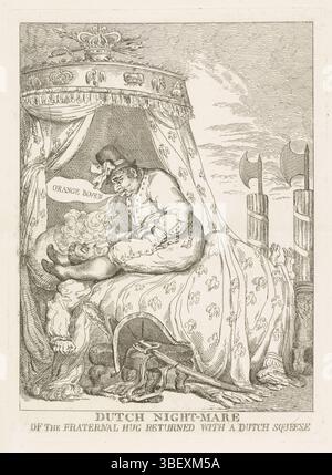 Niederlande, Rowlandson, Thomas, England, niederländische Nachtstute der brüderlichen Umarmung kehrte mit niederländischem Druck zurück, Napoleons Dutch Albmare, 1813, Niederlande, verso - gestempelt, Spotprent zum Fall Napoleons, 1813. Napoleon liegt in seinem kaiserlichen Bett und ein feiner Holländer sitzt auf seiner Brust. Der Holländer sagt „Orange Top“ und trägt ein großes orangefarbenes Band und Kokarde auf seinem Hut. Er klemmt Napoleons Kopf zwischen seine Beine und bläst Tabakrauch aus seiner Pfeife ins Gesicht des Kaisers. Mit zwei großen Pfeilbündeln am Fuß des Bettes., Druck, Frederik Müller Historyplates, Höhe 332 mm, Breite 24 Stockfoto