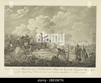 Die Niederlande, erster Angriff der Franzosen auf die niederländische Armée, 16. Juni 1815, durch Les quatre BHs, in dem der unsterbliche Kampfschild Genossen sagt! Behalte Mut! Prinz von Orange führt die niederländischen Truppen in Quatre-Bras, Niederlande, verso gestempelt, Willem Frederik George, Prinz von Orange, führt die niederländischen Truppen gegen einen französischen Angriff während der Schlacht von Quatre-Bras, 1815. Siehe auch Anhänger., Druck, Frederik Müller Geschichtsplatten, Höhe 277 mm, Breite 367 mm, Druckmacher, 1815-1815, Papier, Ätzen, Aquatint Stockfoto