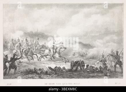 Niederlande, Vinkeles, Reinier (I), Niederlande, der Held von Quatre-Bras, Prinz von Orange führt die niederländischen Truppen in Quatre-Bras, 1815, Niederlande, Verso - gestempelt, Willem Frederik George, Prinz von Orange, führt den Angriff der niederländischen Truppen auf die Franzosen in der Schlacht von Quatre-Bras am 16. Juni 1815 an. Mit „Dl. IV, Bl. 21'., Druck, Frederik Müller Geschichtsplatten, Höhe 126 mm, Breite 171 mm, Druckmaschine, 1815-1818, Papier, Lithographie (Technik), Arbeitskonzeption, Noord-Nederlands, 19. Juni 1741 - 1816-01-30' Stockfoto
