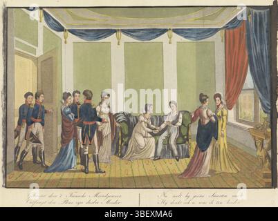 Niederlande, verletzt durch 't Fransche Murdergun, Besuch der Königin beim verwundeten Prinzen von Orange, 1815, Niederlande, verso - gestempelt, besucht die Königin Wilhelmina von Preußen ihren Sohn Willem Frederik Georg, Prinz von Orange, der während der Schlacht von Waterloo am 18. Juni 1815 verwundet wurde. In der Bildunterschrift eine vierzeilige Strophe. Siehe auch Anhänger, Druck, Frederik Müller Geschichtsplatten, Höhe 277 mm, Breite 378 mm, Druckmacher, 1815-1815, Papier, Aquatint, Ätzen, Handfarben Stockfoto