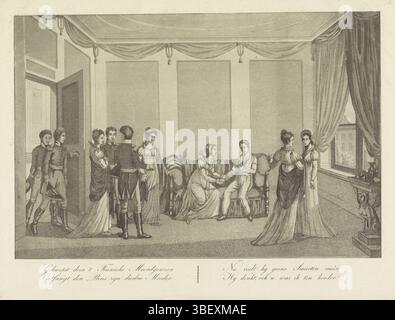 Niederlande, verletzt durch 't Fransche Murdergun, Besuch der Königin beim verwundeten Prinzen von Orange, 1815, Niederlande, verso - gestempelt, besucht die Königin Wilhelmina von Preußen ihren Sohn Willem Frederik Georg, Prinz von Orange, der während der Schlacht von Waterloo am 18. Juni 1815 verwundet wurde. In der Bildunterschrift eine vierzeilige Strophe. Siehe auch Anhänger, Druck, Frederik Müller Geschichtsplatten, Höhe 277 mm, Breite 366 mm, Druckmacher, 1815 - 1815, Papier, Aquatint, Ätzen, Ätzen Stockfoto