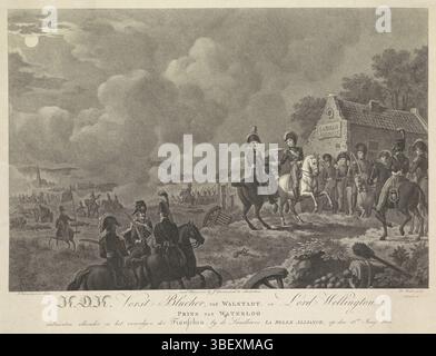 Amsterdam, Groenewoud, J., Kamphuijsen, Jan, Nederland, Sluyter, Dirk, zweite Serie von vier Aufnahmen der Schlachten von Quatre-Bras und Waterloo, H.D.H. Vorst Blucher, van Walstadt. Und Lord Wellington, Prinz von Waterloo, treffen sich am 18. Juni 1815 bei der Landhoeve La Belle Alliance, nach der Schlacht von Waterloo, 1815, Amsterdam, Niederlande, mit Verso-Stempel, treffen zwischen dem Herzog von Wellington und dem Prinzen Blücher, am Abend nach der Schlacht von Waterloo am 1815. Juni, für die Farm La Belle Alliance., Druck, Frederik Müller Historieplaat, Höhe 343 mm, Breite 442 mm, Niederländisch, 19. Januar 1790 - 1852 Stockfoto