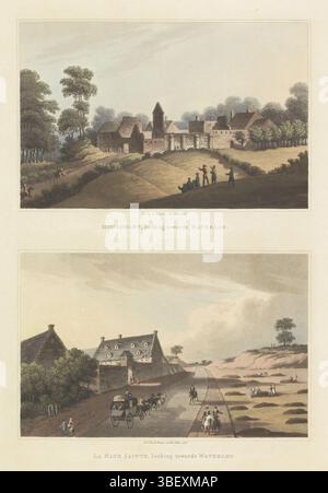 London, Bowyer, Robert, England, Hougomont, Blick in Richtung Waterloo, La Haye Sainte, Hougoumont und La Haye-Sainte, London, rückseitig gestempelt, Zweibild-Blatt. Über den Ruinen der Burg und der Farm von Hougoumont, Ort der schweren Kämpfe, in der Nähe von Waterloo. Unter dem Bauernhof La Haye-Sainte in Mont-Saint-Jean, einem Dorf in der Nähe von Waterloo. Rechts von der Straße graben. Nach der Schlacht von Waterloo am 18. Juni 1815, Druck, Frederik Müller Geschichtsplatten, Höhe 403 mm, Breite 300 mm, Druckmacher, 1816-1816, Papier, Aquatint, Handfarben, Publikation (Ereignis), Publikation, britisch, 1758-1834-04, Publis Stockfoto
