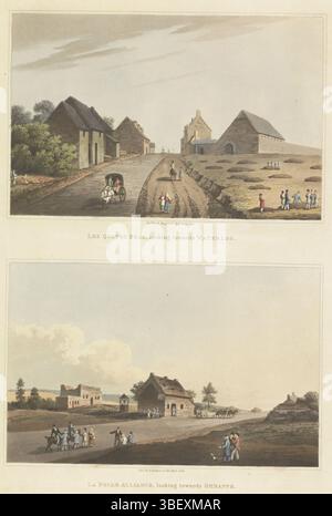 London, Bowyer, Robert, England, Les Quatre Bras, Blick auf Waterloo, La Belle Alliance, Blick auf Genappe, Les Quatre-Bras und La Belle Alliance, London, rückseitig gestempelt, zwei Bilder Blatt. Oberhalb des Dorfes Quatre-Bras, rechts von der Straße, die im Feld graben. Unter La Belle Alliance. Nach der Schlacht von Waterloo am 18. Juni 1815, Druck, Frederik Müller Geschichtsplatten, Höhe 403 mm, Breite 300 mm, Druckmacher, 1816-1816, Papier, Aquatint, Handfarben, Publikation (Ereignis), Publikation, britisch, 1758-1834-04, Verlag Stockfoto
