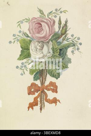 Amsterdam, Schweickhardt, Leonardus, Rosen mit den Silhouetten der Königsfamilie, 1816, Amsterdam, verso - gestempelt, Bouquet mit einer rosa und einer weißen Rose, in die die Silhouetten der Königsfamilie eingearbeitet sind. Die Rosen mit einem orangen Band zusammengebunden. Nach der Heirat des Prinzen von Orange und Anna Paulowna in Sankt Petersburg am 21. Februar 1816. Unter den Blumen eine achtzeilige Frische und Liste der Namen der Porträts., Druck, Frederik Müller Geschichtsplatten, Höhe 325 mm, Breite 229 mm, 1783-11-06-1862 01-08, Druckerei, 1816-1816, Papier, Ätzen, Gravur, Gravur Stockfoto