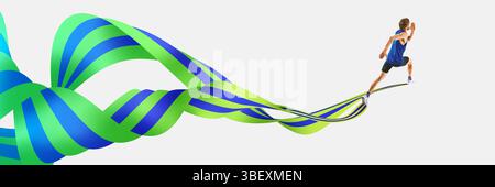 Moderne Kunstwerke. Der Mann in sprintender Haltung stürzt vorwärts, während sich die grün-blauen Bänder dynamisch um ihn herum ausdehnen und Geschwindigkeit und Intensität erfassen Stockfoto