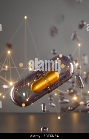 Eine goldene Kapsel schwimmt zwischen verstreuten Pillen mit leuchtenden Netzlinien im Hintergrund. 3D-Rendering Stockfoto
