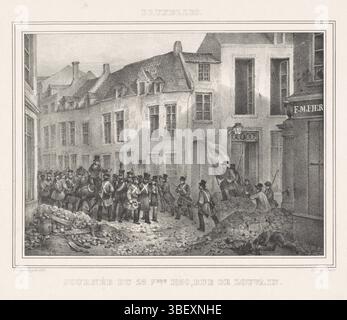 Brüssel, Jobard, Jean Baptiste Ambroise Marcellin, Brüssel, Van Hemellick, Jean-Louis, Drucke der Serie Evénems de Bruxelles, Anvers (1831), Evénems de la Belgique Dessinés sur les lieux par des témoins oculars, Bruxelles, à la Lithographie de Jobard, Bruxelles., Journèe du 23 7.bre 1830, Rue de Louvain, Rue de Louvain, 23. September 1830 in Brüssel, Leusevain, Leusevain, Leusevain, Rweg in Brüssel 1830. Teil einer Gruppe von Drucken aus verschiedenen anderen Serien, die sich auf die Aufzeichnungen im recueil über die Ereignisse während der Bel beziehen Stockfoto
