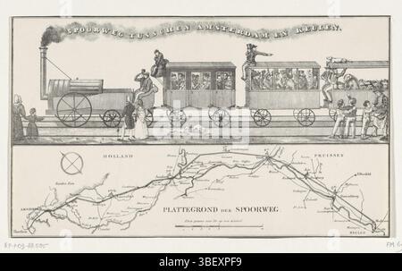 Niederlande, Bahnstrecke Amsterdam–Köln, Plan für eine Bahnstrecke Amsterdam–Köln, 1834, Niederlande, verso-gestempelt, Plan für den Bau einer Bahnstrecke Amsterdam–Köln von Lieutenant-Col William Archibald Bake (mit A. Willink und D. Borski), 21. August 1834. Oben auf dem Bild einer primitiven Dampflokomotive mit zwei Personenwagen und einem Viehwagen. Unten ist eine Karte des Verlaufs der geplanten Bahnstrecke. Diese Kopie ohne die entsprechenden Texte., Druck, Frederik Müller Geschichtsplatten, Höhe 166 mm, Breite 283 mm, Druckmaschine, 1834 - 1834, Papier, Stockfoto