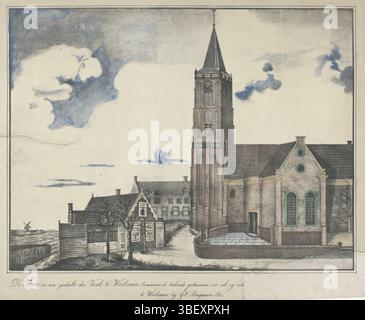 Westzaan, Brugman PSZ., GT., Westzaan, de Toren und ein Teil der Kirche in Westzaan, auch die pulsierenden Gebäude, wie sie sich [bis Ende des Jahres 1842] zeigten, verso gestempelt, Blick auf die Kirche in Westzaan und einige angrenzende Häuser, in Wohlstand, vor dem Zusammenbruch des Kirchturms am 1. Januar 1843. Siehe auch Anhänger., Druck, Frederik Müller Geschichtsplatten, Höhe 405 mm, Breite 518 mm, Druckmacher, 1843 - 1843, Papier, Lithografie (Technik), Handfarben, Publikation (Ereignis), Publikation, Herausgeber Stockfoto