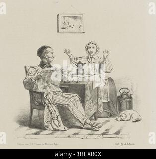 Den Haag, Nijhoff, Martinus, Arnhem, Thieme, Dirk Anthonie, Nederland, Smits, H.L., Schmidt Crans, Johan Michaël, een Letterheld, Spotprent beim Literaturkongress in den Bosch, 1860, den Haag, Niederlande, verso - gestempelt, Spotprent auf dem Literaturkongress in den Bosch, wo kürzlich eine Schießpulverexplosion stattgefunden hatte. Eine Frau versucht, ihren Mann, einen literarischen Mann, davon abzuhalten, zum Kongress zu gehen. Plate erschien im Wochenmagazin de Nederlandsche Spectator, Nr. 6, 11. Februar 1860., Druck, Frederik Müller Historyplaten, Höhe 275 mm, Breite 215 mm, Nederlands, 1830-04-1907 Stockfoto