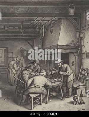 Ostade, Adriaen van, Haarlem, Suyderhoef, Jonas, Boereninterieur traf auf Triktrakspieler, Verso - gestempelt, Boerenpelen Triktrak oder Backgammon an einem Tisch in der Nähe eines Kamins. Genau im Vordergrund ein Hund. Im Hintergrund ein Mann und eine Frau., Druck, Höhe 340 mm, Breite 279 mm, 1613 - 1686-05-09, Druckerei, 1623 - 1686, Papier, Gravur, Gravur (Druckverfahren), Nord-Niederlande, 19. Dezember 1610 - 28. April 1685 Stockfoto