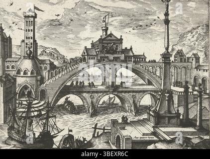 Antwerpen, Diericx, Volcxken, Gassel, Lucas, Nederlanden, Doetechum, Lucas van, Joannes van (I), Landschaften, Meereslandschaften und fantastische Stadtansichten, Stadt mit gebauter Brücke, Antwerpen, Recto - Handschrift, Blick auf eine Brücke über einen Fluss. Auf der Brücke sind Häuser gebaut, in der Mitte eine Festung mit einer Kanone. Rechts vorn ist ein Obelisken mit einer Figur oben., bedruckt, rechts unter der Adresse 'Aux quatre Vents', rückseitig eingeprägt, 135, Höhe 155 mm, Breite 205 mm, Nordholländisch, 1530 - 1605, Druckerei, 1570 - 1580, drittes Viertel 16. Jahrhundert, viertes Viertel 16. Jahrhundert, Papier, Ätzung, Stich, Gravur Stockfoto