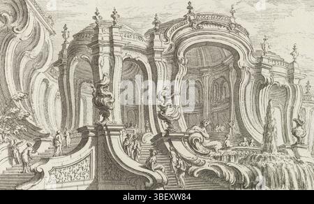 Ludwig XV. (König von Frankreich), Paris, Huquier, Gabriel, Meissonnier, Juste Aurèle, oeuvre de Juste Aurele Meissonnier, Rokoko-Palast mit Brunnen, Wasserfall und Treppe, dieser Druck ist Teil eines Albums., Druck, Albumblatt, Ornamentdrucke, Drucke, Höhe 133 mm, Breite 201 mm, Französisch, 1695 - 1772-06-11, Drucker, 1738 - 1749, Papier, Ätzen, Werkkonzeption, 1693 - 1750-07-31, nach Design von etsen, Publikation (Event), Publikation, Verlag, 15.02.15.15 1710 - 1774-05, Zurückerziehung des Privilegiums Stockfoto