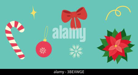 Gestreifter Bonbonbons farbenfroher Weihnachtsstern und lebendige Weihnachtsdekoration mit festlichem Icon-Sticker-Design. Isolierte Vektor-Illustration Weihnachtsfeiertag Thematische Karten oder Werbebanner, Faltblätter, Etikett, Tag Stock Vektor