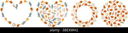 Handgezeichneter Herbstmotiv mit Blumenherzen und Cercle Frame-Set-Vorlage mit Rand und Hintergrund. Isolierte Vektor-Illustration Gruß Thematische Karten, Post- oder Promo-Banner, Broschüren, Preisschild Stock Vektor