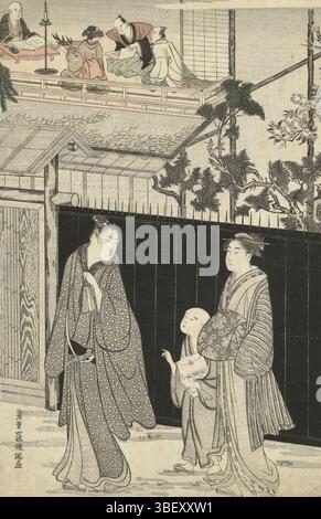 Japan, Fushimiya Zenroku (Daikindo), Japan, Shunman, Kubota, das Haus des Kyokas näher an der Nacht. Mann, der auf Frau und Jungen mit Umschlag zurückblickt; am hohen Gartentor mit Tor, hinter dem Gesicht im erleuchteten ersten Stock des Hauses, mit Begegnung des Dichters hinter Schreibtisch, Schüler mit Buch, Hörer und Dienerin mit Tablett in den Händen; nachts., Druck, Egoyomi (Kalenderblatt), Drucke, Japan (Sammlung), Höhe 386 mm, Breite 254 mm, Japanisch, 1757 - 1820, Druckerei, 1788 - 1788, viertes Viertel 18. Jahrhundert, Papier, Farbholzschnitt, Bigarai-e, Publikation (Veranstaltung), Publikation, Publishe Stockfoto