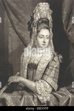 Smith of Chichester, John, Amsterdam, Gole, Jacob, die Königin, Porträt der Königin Maria II Stuart, Verso - gestempelt, Maria II Stuart, Königin von England und Schottland, Ehefrau des Statthalterkönigs Willem III. Sie lehnt sich auf eine Balustrade und trägt einen Spitzenkopf mit Schleife. In der Hand ein Bereich., Druck, Höhe 345 mm, Breite 250 mm, Nordholländisch, 1660 - 1724, Druckerei, 1689 - 1724, Papier, Mezzotint, Gravur, Gravur (Druckverfahren), Werkkonzeption, Englisch, 1717 - 29. 07.07.2007 1764 Stockfoto