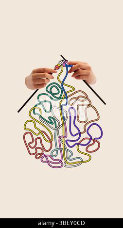 Ideas in Progress. Hands knit colorful tangled threads into brain, showing how bright thoughts form gradually from inner chaos. Conceptual art collage Stockfoto
