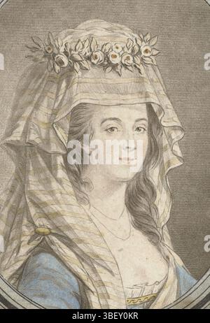 Léveillé, Jean-Augustin, Büste einer Frau mit Kopfschmuck, rückseitig mittig gestempelt, Büste einer Frau mit einem Tuch über dem Haar, gehalten von einem Blumenkranz., Druck, Höhe 107 mm, Breite 86 mm, Druckerei, 1750 - 1800, drittes Viertel 18. Jahrhundert, viertes Viertel 18. Jahrhundert, Papier, Buntstift, Farbdruck Stockfoto
