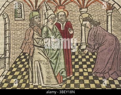 Die Niederlande, Meister von Antwerpen (I), Christus und die ehebrecherische Frau, verso Mitte - gestempelt, schreibt Christus mit dem Finger auf den Boden. Vor ihm steht die ehebrecherische Frau, die von zwei Männern gehalten wird. Druck, Buchillustration, Drucke, Höhe 94 mm, Breite 127 mm, Drucker, 1485 - 1491, viertes Viertel 15. Jahrhundert, Papier, Holzschnitt, Handfarben Stockfoto
