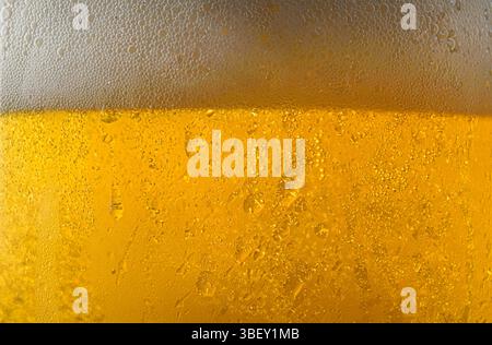 Makroansicht eines Glases mit Feuchtetropfen auf frischer Bieroberfläche und Schaum. Vorderansicht. Stockfoto