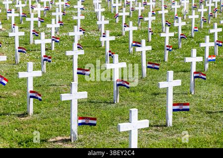 Vukovar, Kroatien. 30. Mai 2025. Weiße Kreuze mit kroatischen Fahnen sind auf dem Gedenkfriedhof der Opfer des Heimatkrieges während der Feierlichkeiten zum Tag der Staatlichkeit in Vukovar, Kroatien am 30. Mai 2025 zu sehen. Der Friedhof verfügt über 938 weiße Marmorkreuze, eines für jeden exhumierten Körper, und ein Bronzemonument mit einer Ewigen Flamme Foto: Borna Jaksic/PIXSELL Credit: Pixsell/Alamy Live News Stockfoto