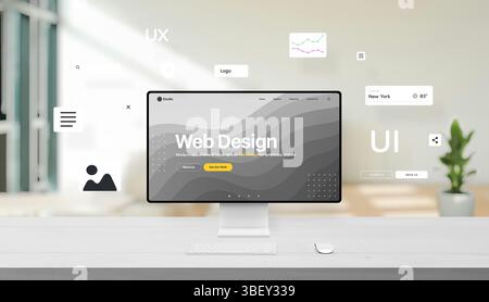 Computerdisplay auf dem Schreibtisch, umgeben von beweglichen UI-Elementen wie Menüsymbolen, Freigabetasten, Bildfeldern und Textausrichtungsblöcken. Konzeptionell Stockfoto