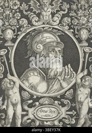 Londerseel, Assuerus van, Nederland, Bruyn, Nicolaes de, de Nine besten, Artus Rex, Porträt König Artus im Medaillon im rechteckigen Rahmen mit Ornamenten, Niederlande, verso unter - geprägt, Porträt König Artus mit Helm und Rüstung im Medaillon im rechteckigen Rahmen mit Ornamenten wie zwei Kinder, die auf einer Trompete blasen und Vasen mit Blumen., Druck, Höhe 123 mm, Breite 89 mm, Zuid-Nederlands, 1571 - 1656-10, Druckerei, 1594 - 1594, Papier, Gravur, Gravur (Druckverfahren), Publikation (Ereignis), Publikation, 1572 - 1635-12-02, Verlag Stockfoto